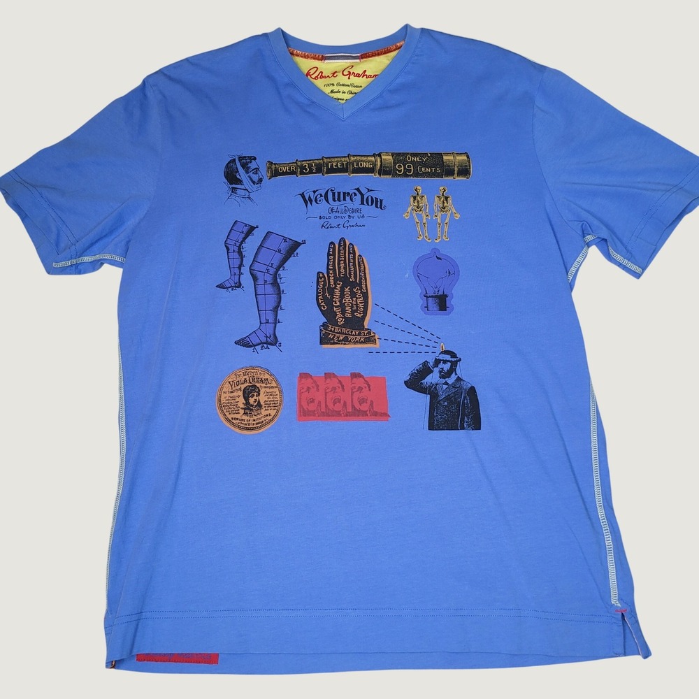 Robert Graham Mens Blue V-Neck Graphic T-Shirt Vintage Medical Art Print Size M
